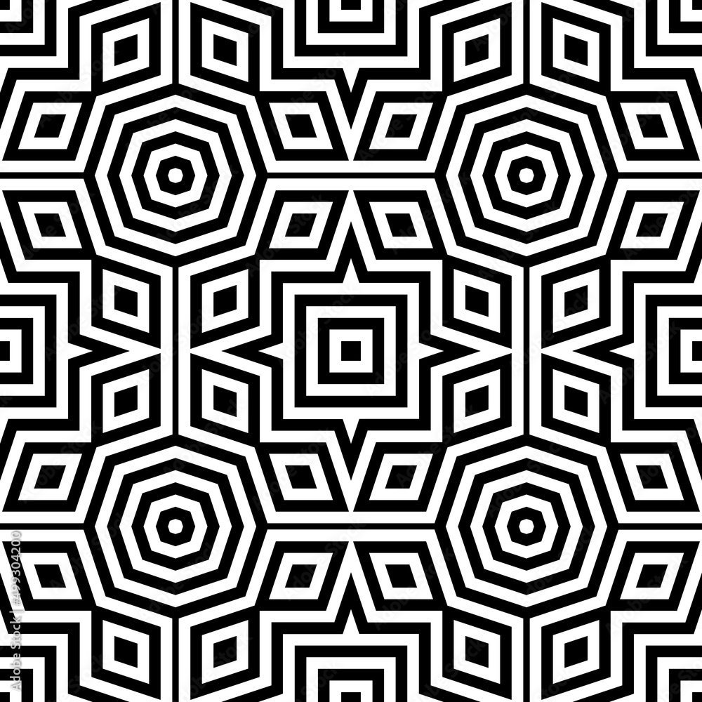 Vector symmetrical geometrical seamless pattern. Abstract black white background. Optical illusion. Kaleidoscope ornament.