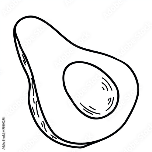 Contour vector illustration with a sliced avocado half with a stone isolated on a white background. For healthy food recipes and vegetarian cafe menus