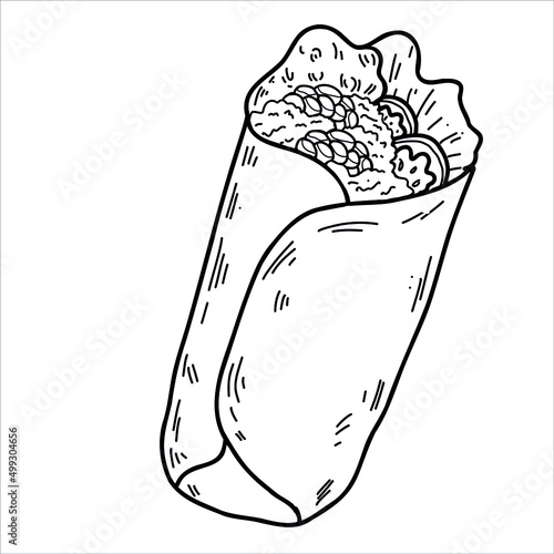 Vector illustration of a burrito with lettuce leaves, minced meat, tomatoes and corn in a flatbread. An icon of Mexican cuisine in a contoured style on a white background