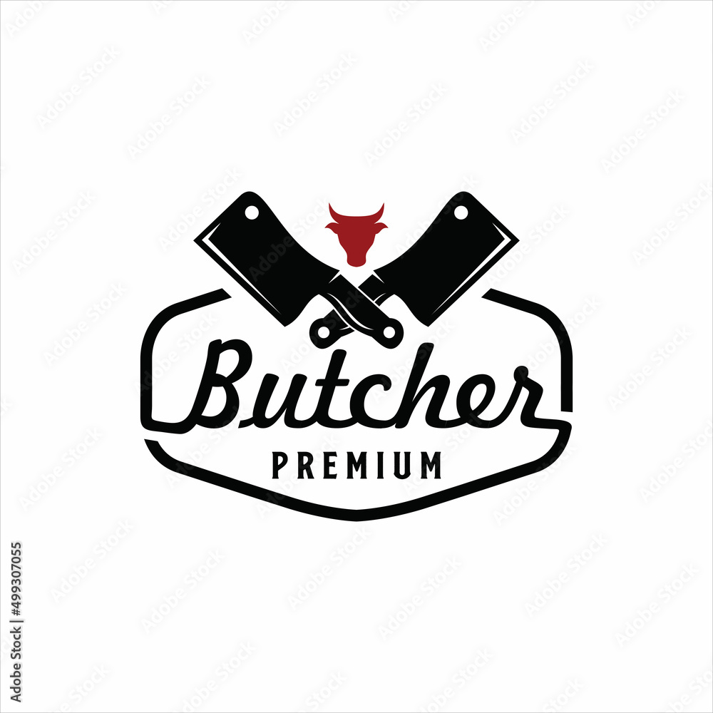 Vintage Retro Butcher shop label logo design with crossed cleavers