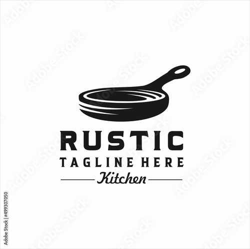 Vintage Retro Rustic Old Skillet Cast Iron for traditional food dish cuisine classic restaurant kitchen logo design