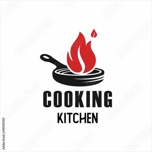 rustic old skillet cast iron with fire, classic restaurant kitchen logo Premium Vector