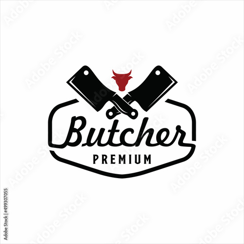Vintage Retro Butcher shop label logo design with crossed cleavers