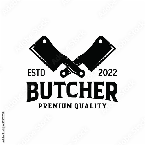 Vintage Retro Butcher shop label logo design with crossed cleavers