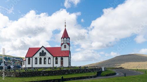 Sandavagur, Faroe Islands - August 2019: The church in sandavagur on Vagar, Faroe Islands