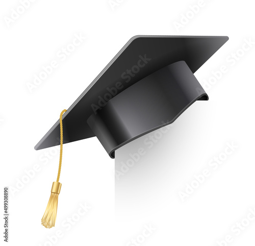 Vector realistic mortar board hat with golden tassel. Graduation cap. University graduation black hat. Academic education symbol, high University bachelor headware