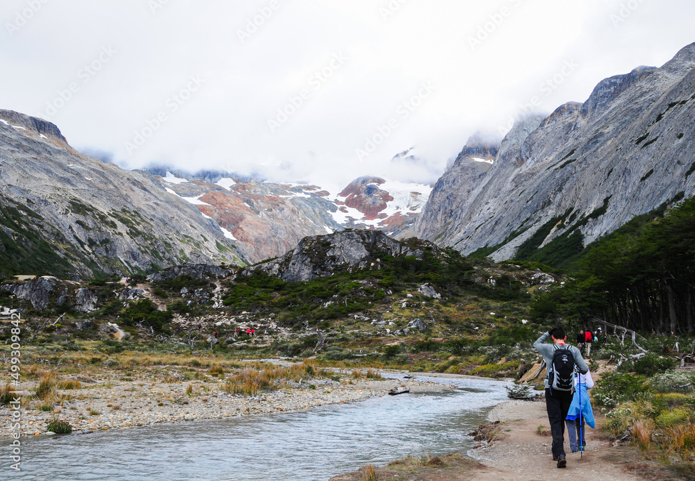 Group of people hiking in the mountains