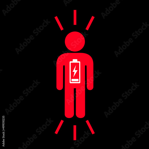 Red person with low battery symbol and pictogram. Metaphor of lack of energy, tiredness, demotivation, burnout and need to recharge. Sign as vector illustration isolated on black.