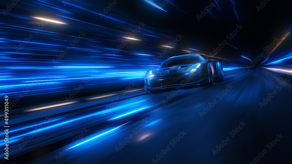 Fototapeta premium Speeding Sports Car On Neon Highway. Powerful acceleration of a supercar on a night track with colorful lights and trails. 3d render