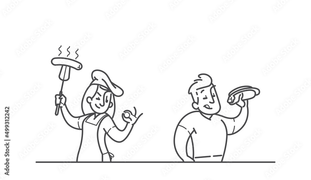 Obraz premium Woman bbq chef and man eating a hot dog