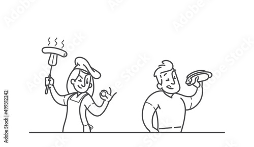 Woman bbq chef and man eating a hot dog