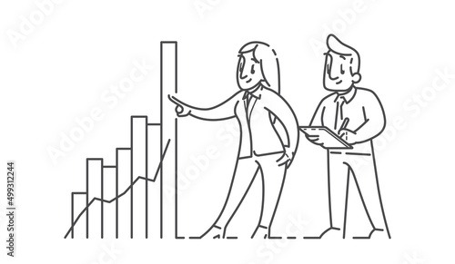 Business man and woman with a rising balance graph