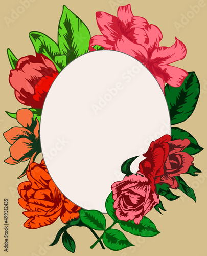 Greeting card with frame o-shaped text box and flowers