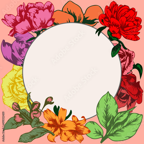 Greeting card frame with circle shaped text box and flowers