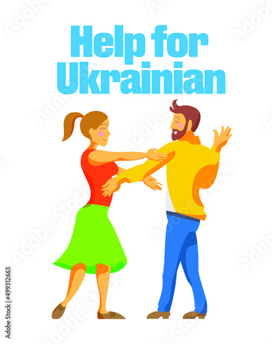 Help for Ukraine   oster. Cartoon style girl and boy isolated.