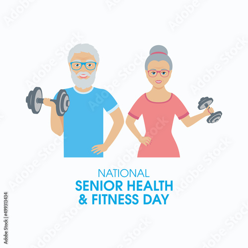 National Senior Health and Fitness Day vector. Happy senior couple exercising with dumbbells vector. Elderly people doing sport icons. Training couple of seniors vector. Important day