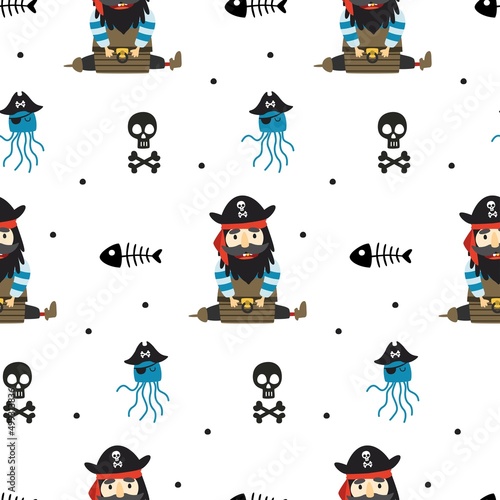 Seamless pattern pirates with skull and crossbones, jellyfishes, treasures. Vector illustration for designs, prints and patterns. Isolated on white background.