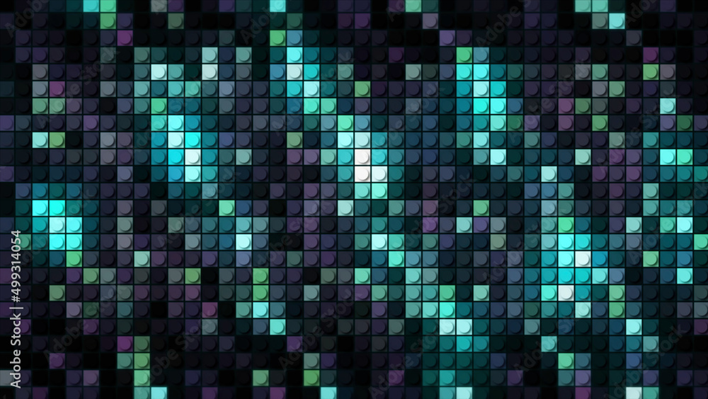 Digital squares abstract pattern, seamless loop. Motion. Turquoise and purple retro particles looking like bems of light, seamless loop.