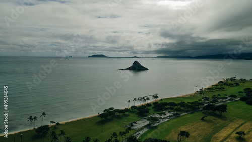 Aerial panorama of the island Mokolii of the East Coast of Oahu photo