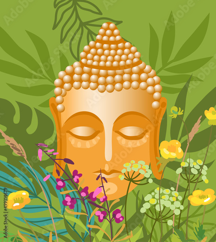 Head of buddha. Vector illustration with symbol of buddhism.