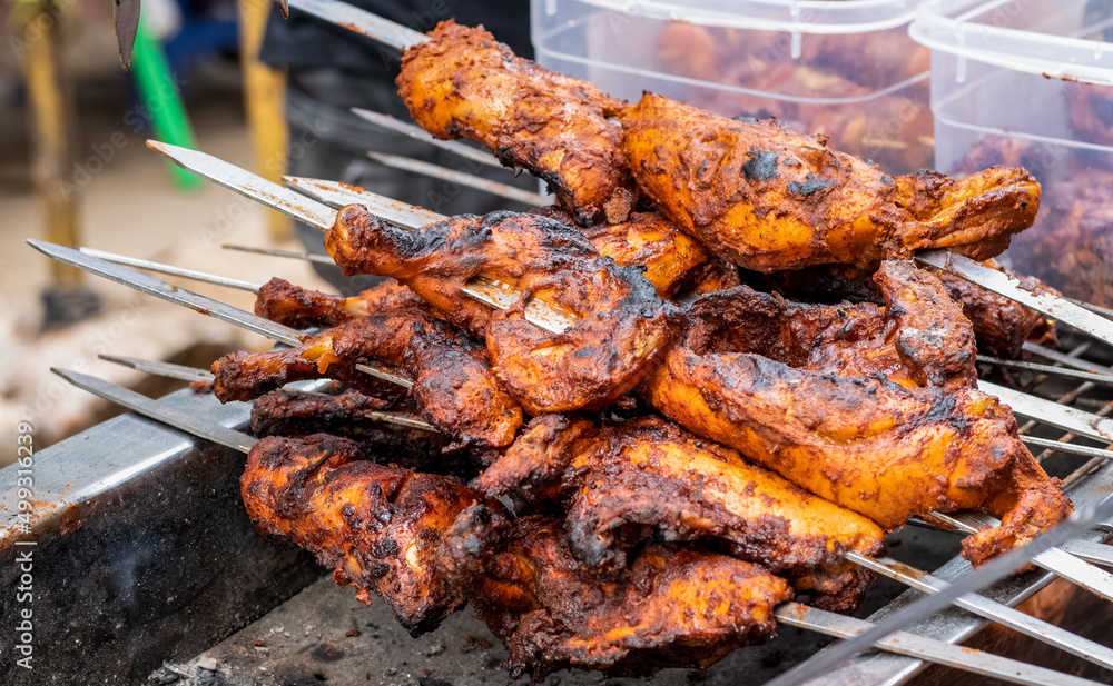 Delicious chicken grills on a street market close up shot