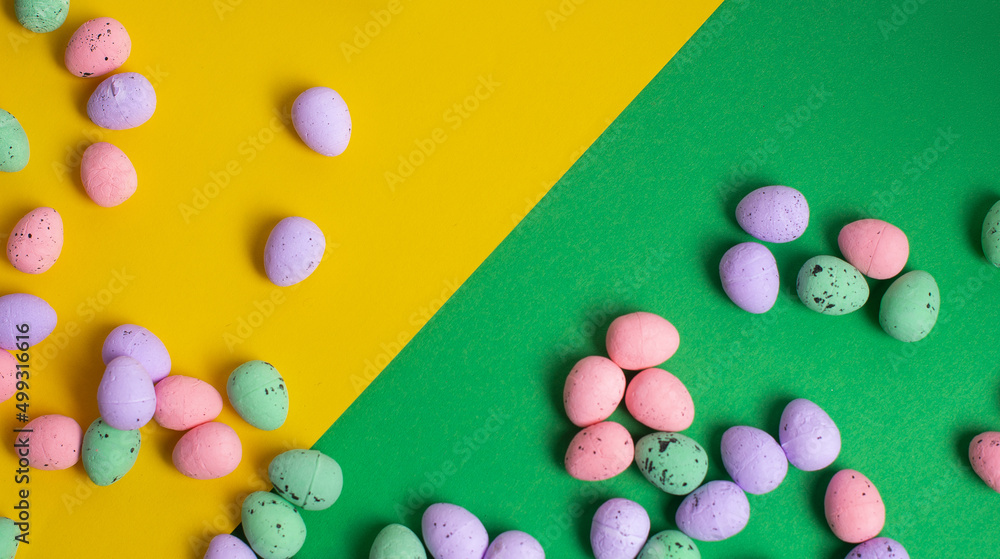 Obraz premium Easter background made of Pastel eggs. Overhead view, close up