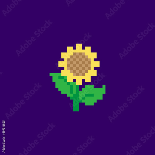 Sunflower yellow flower logo, pixel art icon, isolated vector illustration. Game assets 8-bit sprite. Design stickers, mobile app, embroidery.