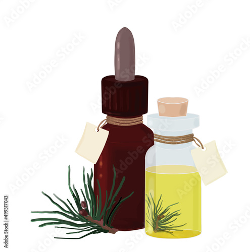 set of cosmetic bottles with oil and tags, pine aromatic oil, vector