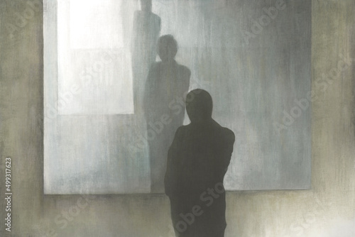 Illustration of man observing his figure reflected in the mirror, surreal identity concept
