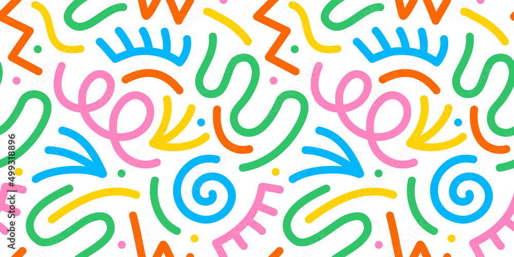 Fun colorful line doodle seamless pattern. Creative minimalist style ...
