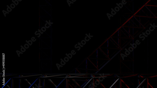 Dark background. Design.Bright buildings in abstraction move in different angles.
