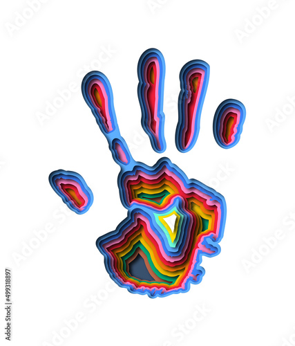 Colorful paper cut human hand print illustration in realistic 3D papercut style. Isolated handprint cutout design concept for community help, people diversity or volunteer job idea.