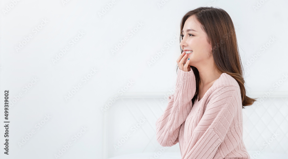 Portrait of beautiful asian woman relax face in winter bedroom. Sexy beauty girl with healthy makeup facial treatment perfect glow skin. Smile happy hygge asian korean girl isolated white background. Portrait of beautiful asian woman relax face in winter bedroom. Sexy beauty girl with healthy makeup facial treatment perfect glow skin. Smile happy hygge asian korean girl isolated white background.