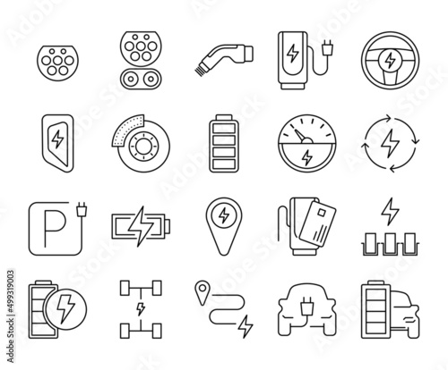 EV Set of Battery Electric car with editable stroke line icons. E-Mobility charger vector illustrations.