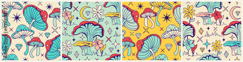 Vintage mushrooms seamless background set. Groovy 60s - 70s style retro art. Vintage hippie textile, fabric, wrapping paper, wallpaper. Vector repeating illustration.