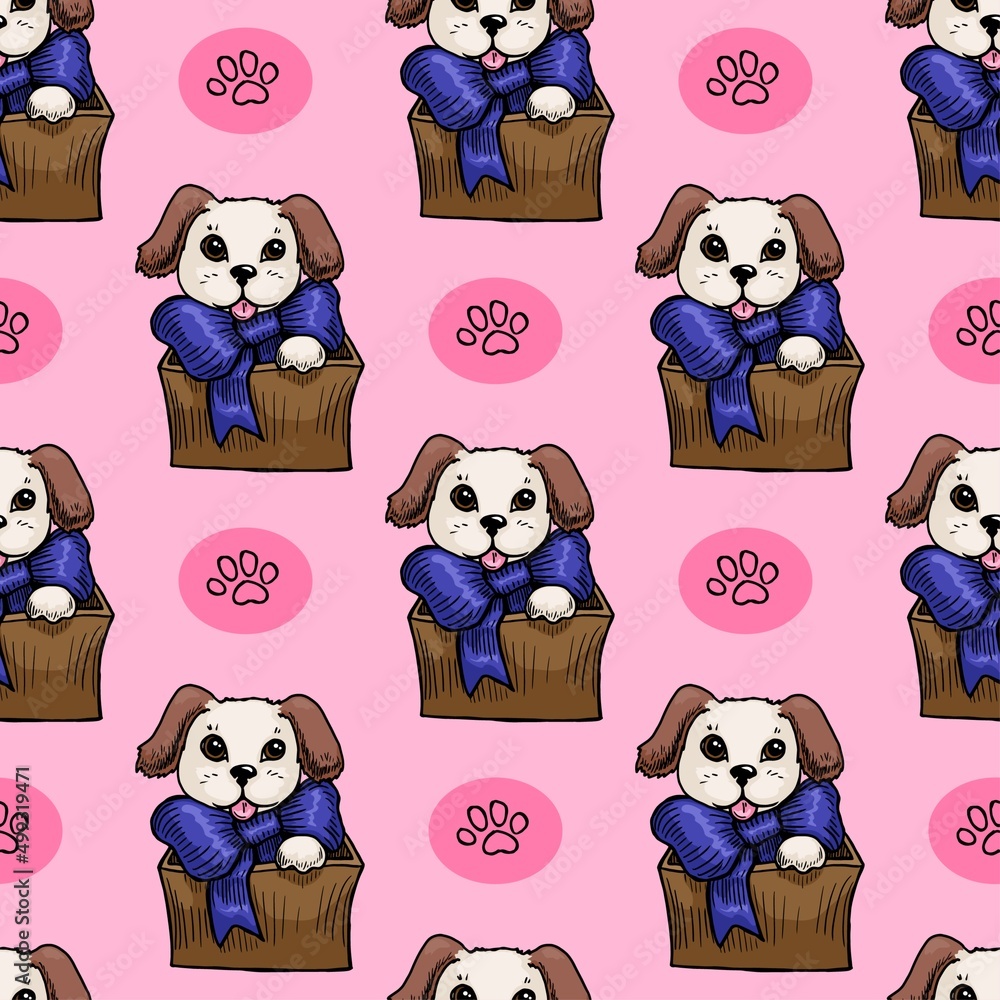 Dog in box vector seamless pattern Dog in box vector seamless pattern