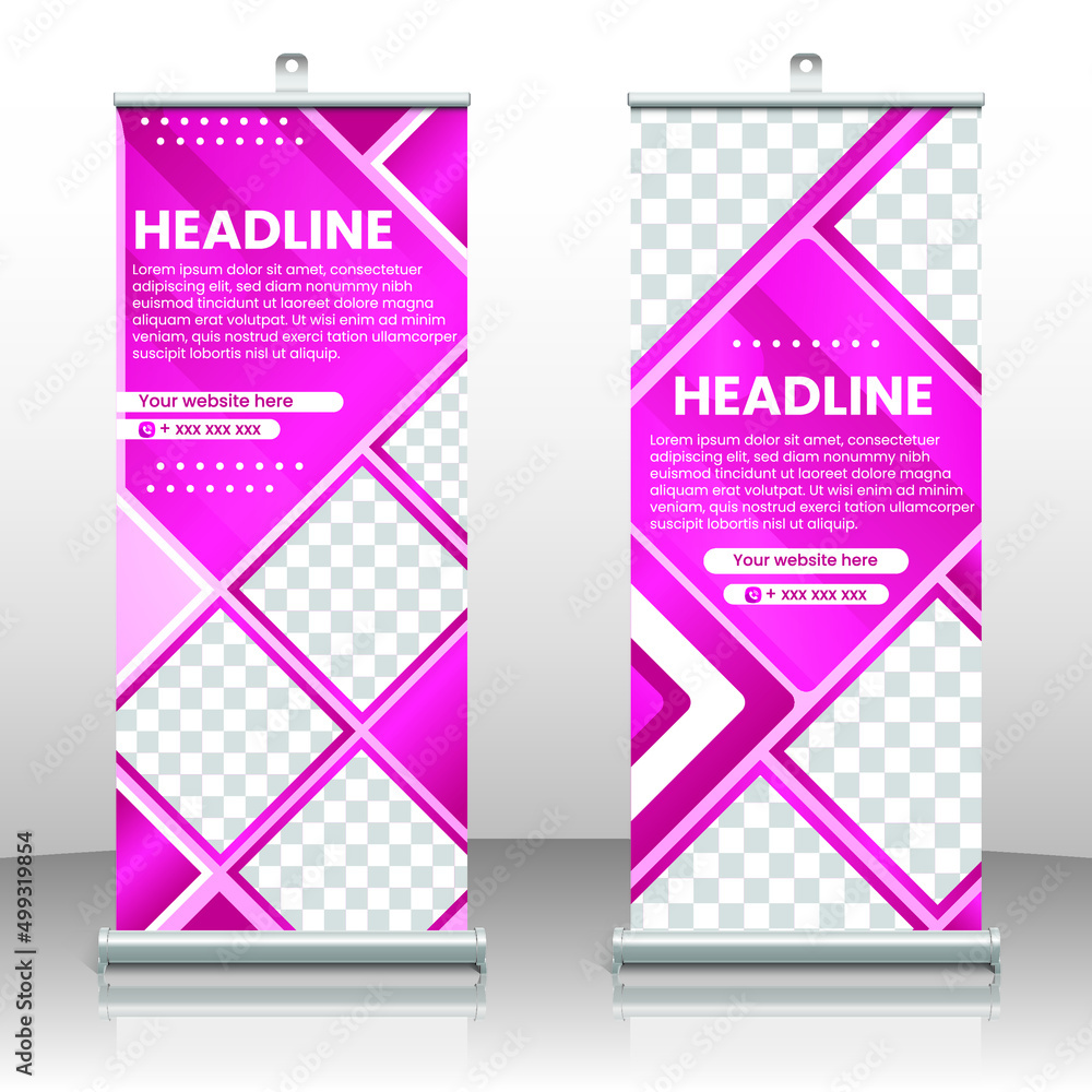 Abstract pink color modern roll-up banner. Vertical template, abstract background, modern x-banner, signboard advertising brochure