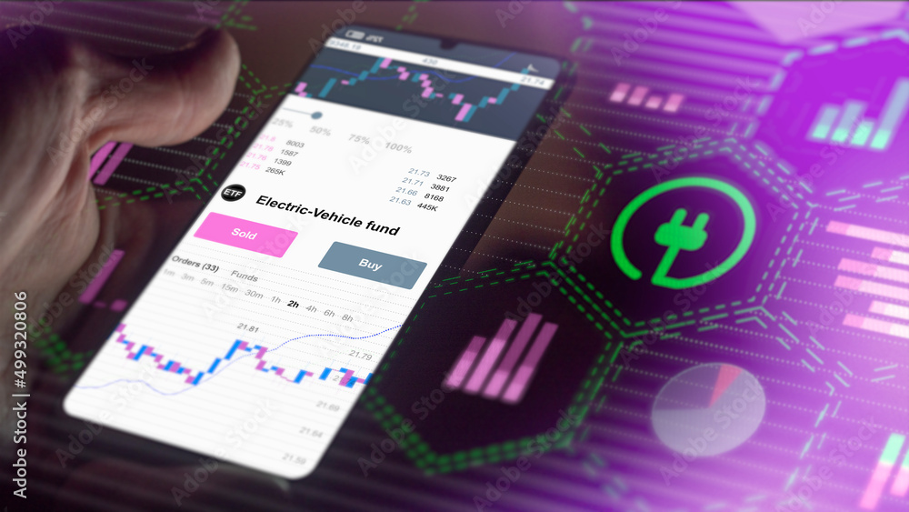 Stock exchange-traded fund etf chart, shares market data on smartphone. Business analysis of a trend. Invest in international ETF. Buying strategic electric-vehicle fund Stock exchange-traded fund etf chart, shares market data on smartphone. Business analysis of a trend. Invest in international ETF. Buying strategic electric-vehicle fund