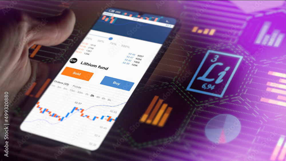 Exchange-traded fund chart etf, stock market data on smartphone. Business analysis of a trend. Invest in international shares commodity metal ETF. Buying strategic lithium fund Exchange-traded fund chart etf, stock market data on smartphone. Business analysis of a trend. Invest in international shares commodity metal ETF. Buying strategic lithium fund