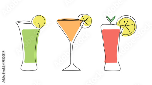 Cocktails set, one continuous line. Vector linear abstract illustration.