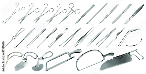 Surgical instruments set. Tweezers, scalpels, plaster and bone saws,  amputation and plaster knives, Microsurgical forceps and clamps, hook, needle. Large collection of hand metal tools. Vector illust