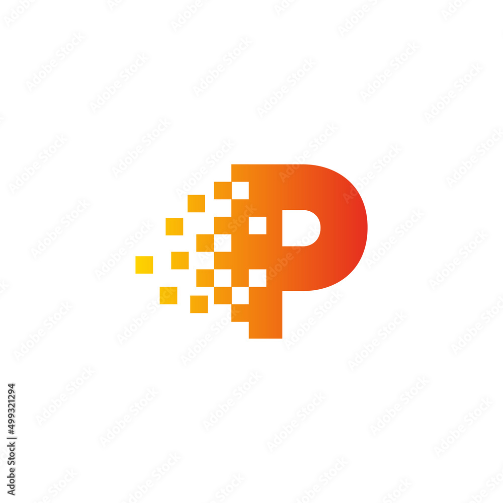 Colorful letter P fast pixel dot logo. Pixel art with the letter P. Integrative pixel movement. Creative scattered technology icon. Modern icon creative ports. Vector logo design. - obrazy, fototapety, plakaty 