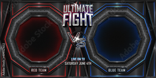 Versus battle fighting 3d realistic horizontal banner poster background with modern metallic logo. MMA concept - Fight night, MMA, boxing, wrestling, Thai boxing.
