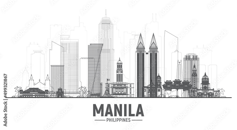 Manila Philippines line skyline with panorama in white background. Vector Illustration. Business travel and tourism concept with modern buildings. Image for banner or website.