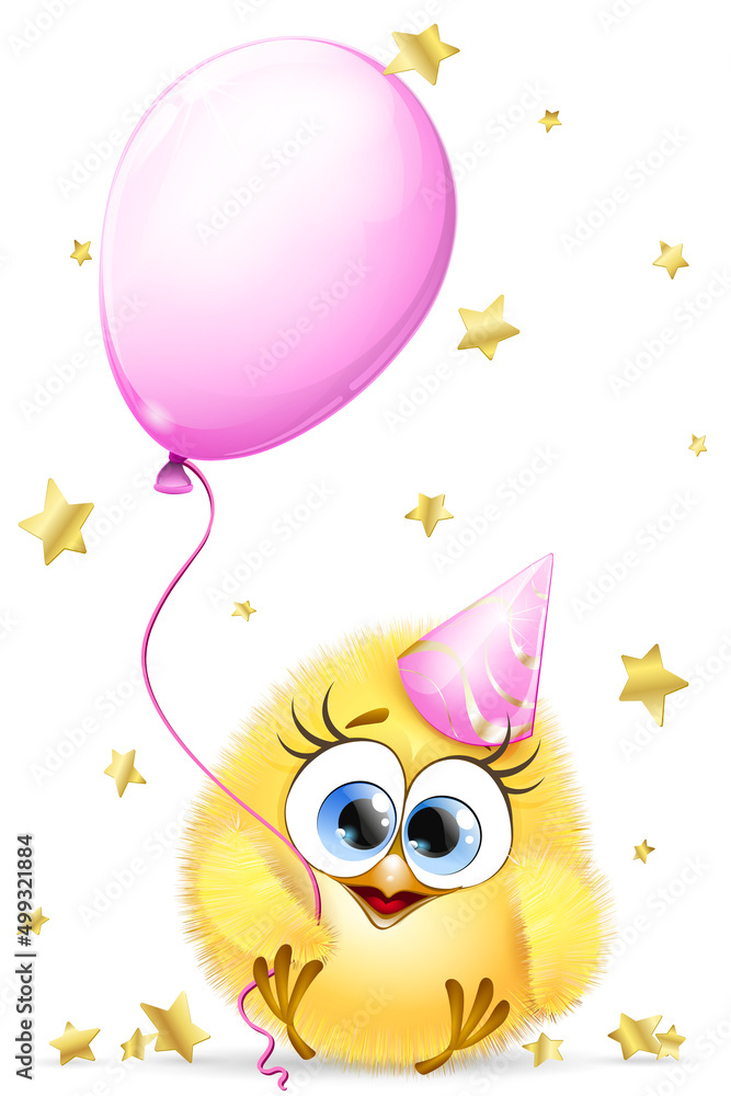 Cute cartoon little chick girl with Birthday cap, balloon and star serpentine