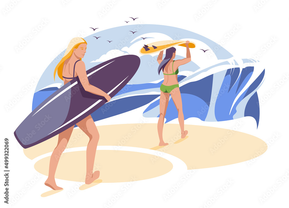 Summer surfing. Two young women go to the beach with surfboards on a background of large ocean waves.Flat vector illustration for summer sports activities and sea recreation hobbies