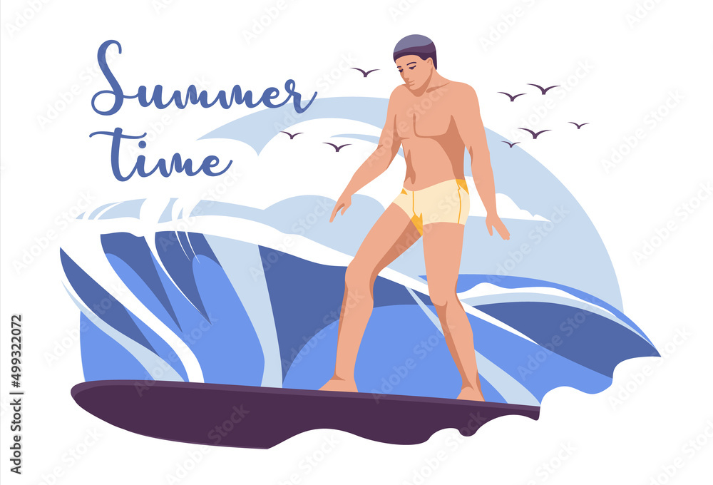 Summer surfing of young man surfer at board on ocean wave. Flat  vector illustration for summer sport activity and sea leisure hobby