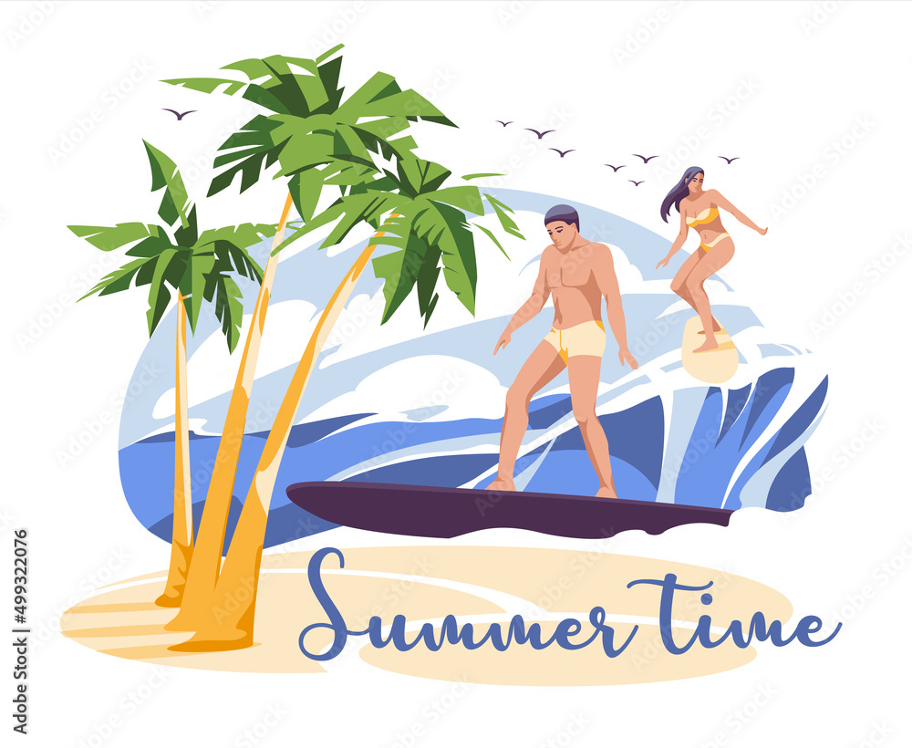 Summer surfing. Young people: a guy and a girl surfing on big ocean waves. Tropical shore with palm trees. Flat vector illustration