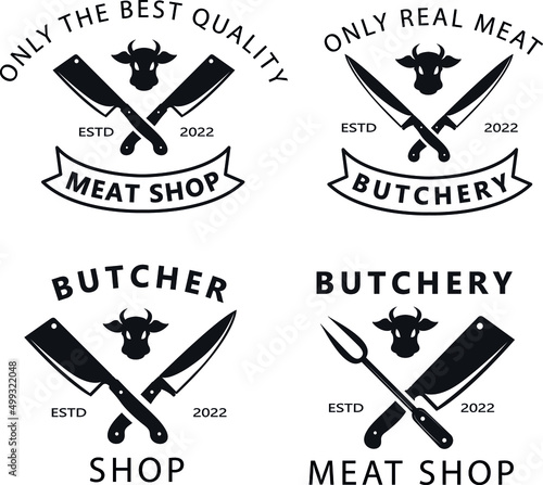 Butcher meat shop labels emblems set. Advertising logotype templates for butchery business. Vector vintage illustration.