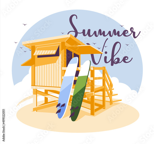 Surf station banner, seacoast. Banner for invitations and advertising. Summer paradise. Surfing club. Flat vector illustration.